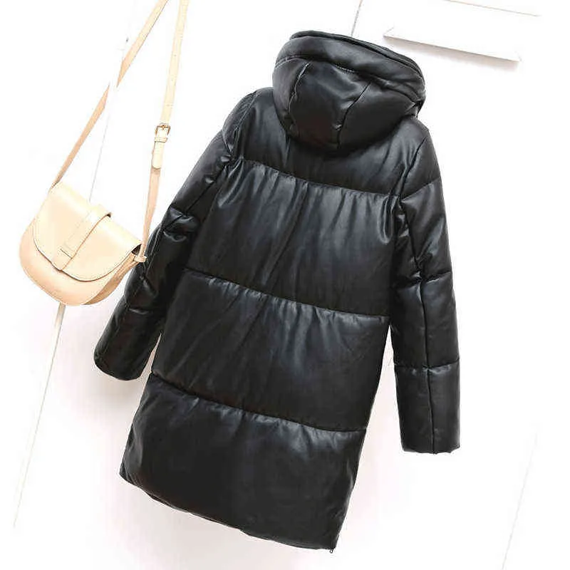 Winter Black PU Leather Parkas Women Long Overcoats Elegant Thick Warm Hooded Jacket Coats Cotton Padded Puffer Jackets Femme 211216