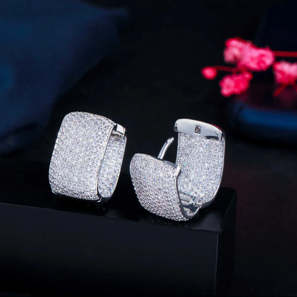 CWWZircons Double Sided Micro Paved Cubic Zirconia White Gold Color CZ Stone Rectangle Hoop Earrings for Ladies Jewelry CZ910 210924