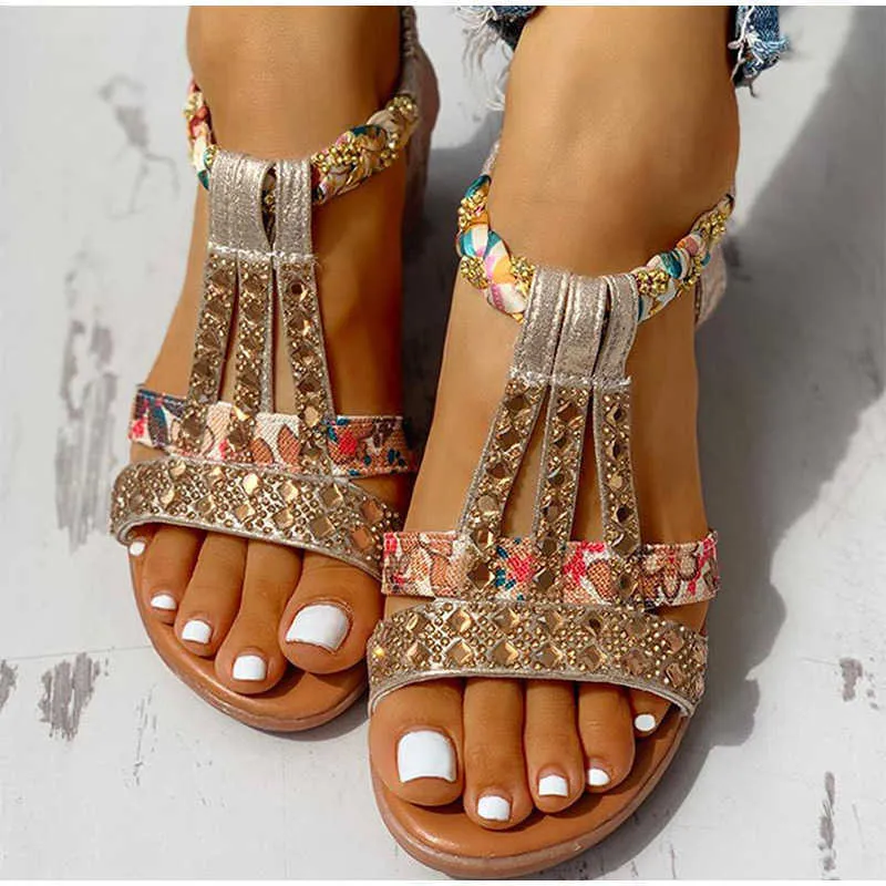 Sandales pour femmes été bohême plate-forme chaussures à semelles compensées cristal gladiateur Rome femme plage décontracté bande élastique femme Y0714