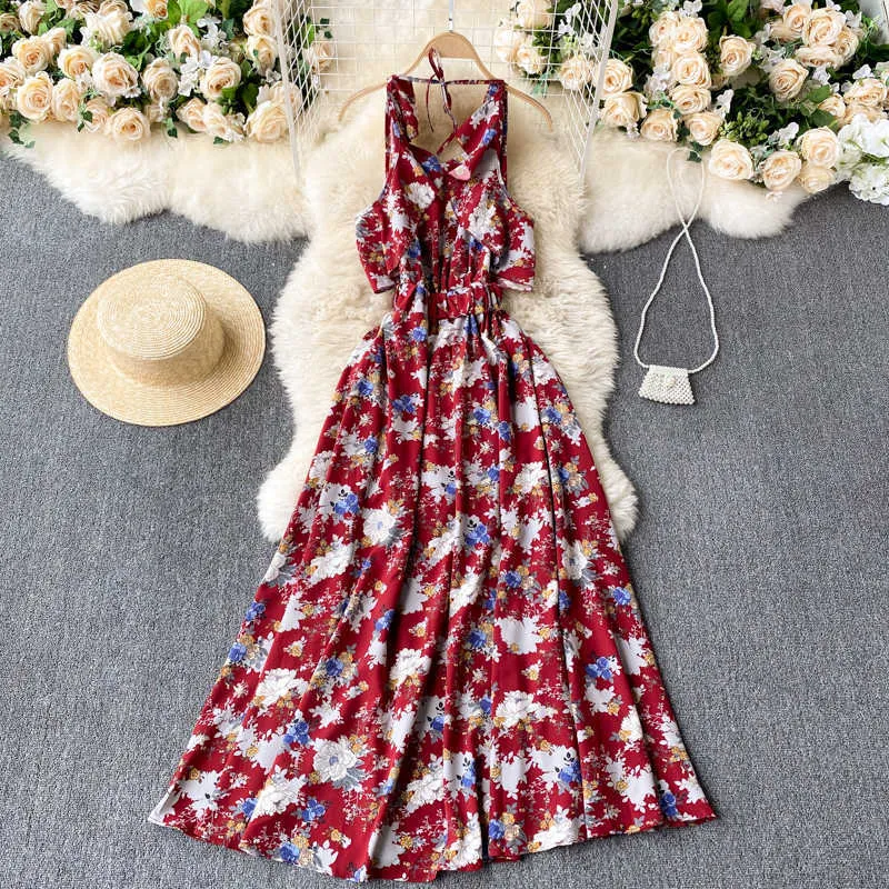 Moda donna estate scollo all'americana senza maniche stampa floreale senza schienale elastico in vita stile boho vacanze al mare maxi vestito 210603