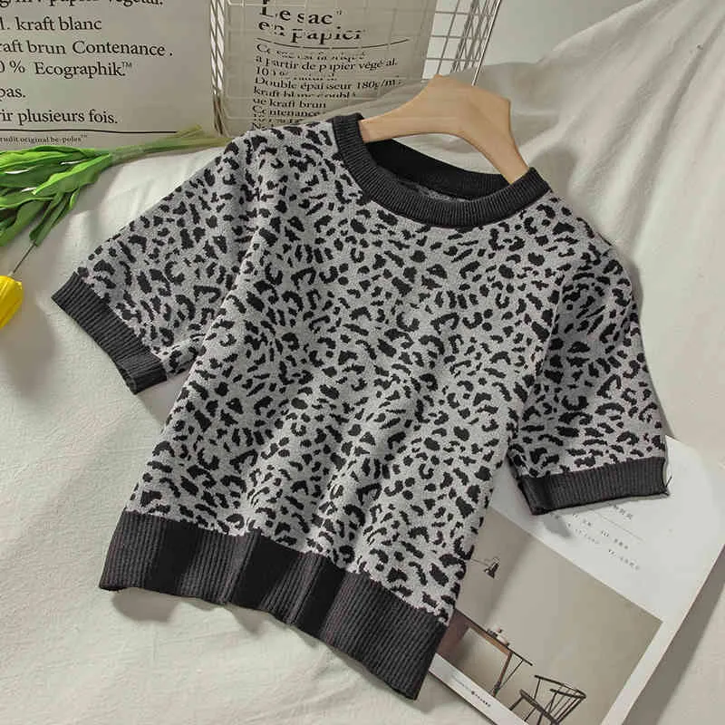 Korobov Vintage Leopard Women Jumper Femme Coreano Maglioni manica corta Autunno Inverno Short Sexy Sueter Mujer 210430