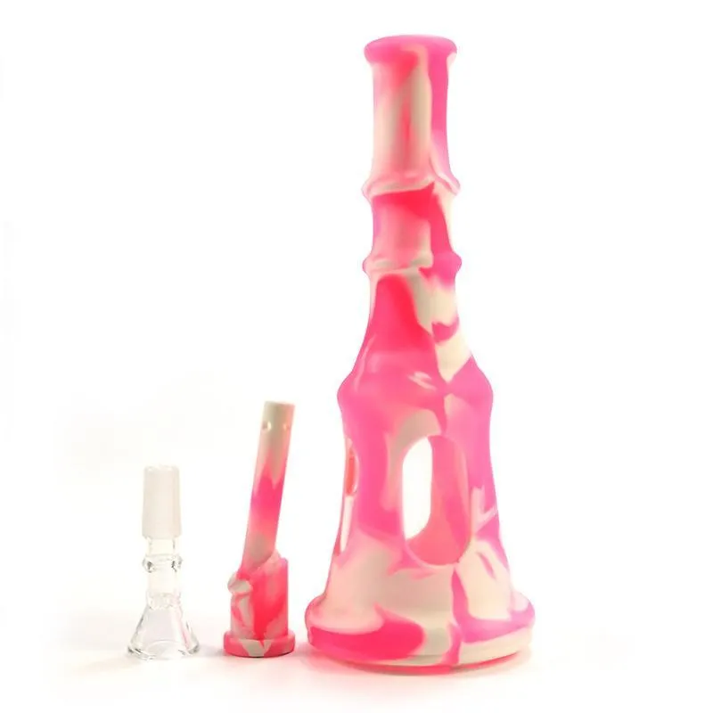 ピンクのシリコーンのボンのガラスの水道管9.8インチの高さの塔のデザインのボウルの喫煙と取り外し可能