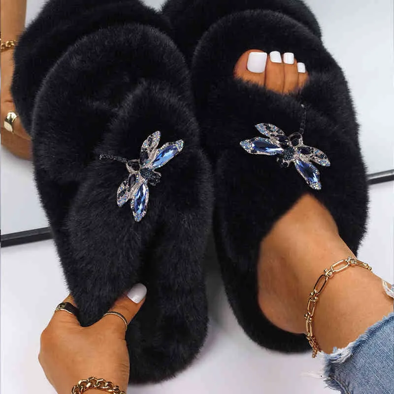 Women's Slippers Shoes Faux Fur Slides Luxury Crystal Dragonfly Flat Sandals Designer Flip Flops Female Winter Plush Slippers Y220301