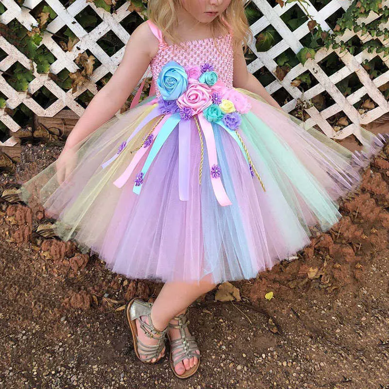 2021 nuove ragazze bambini estate fiore tutu abiti bambini principessa arcobaleno vestiti ragazze festa di compleanno abito da sposa costume bambino Q0716