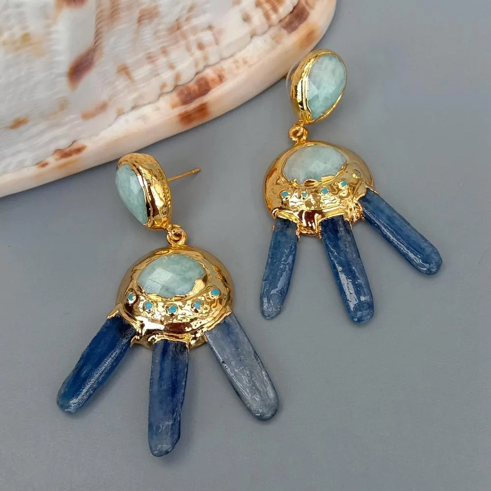 YYGEM Natural stick Blue Kyanite Faceted Amazonite Gold Color Stud Earrings Women Jewelry Vintage style