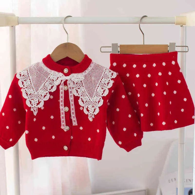 baby girls Clothes set Lace Wool Sweater suit for girl Autumn Spring Kids Clothing Children outfits Shirt skirt Outerwear 211224