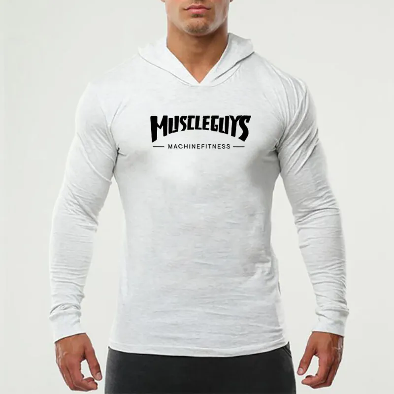 Fitness homens moda sportswear com capuz t-shirt homens manga comprida bodybuilding camiseta homem gym basculador sapates treino tshirt 210421