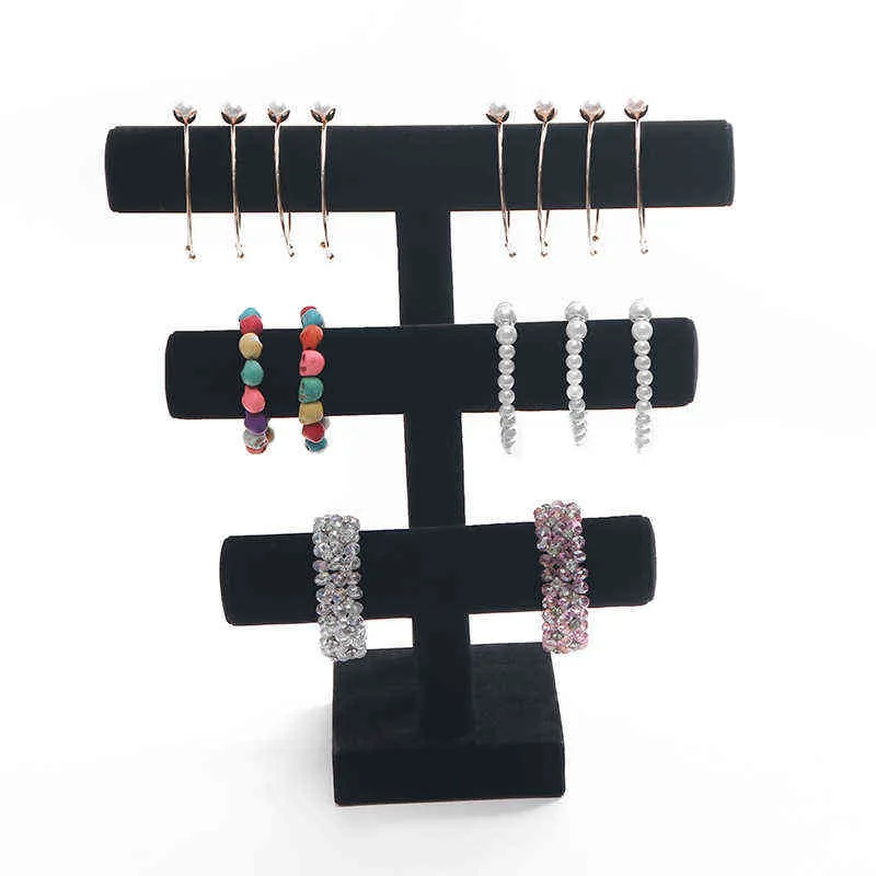 3 niveaux de velours noir détachable bracelet chaîne montre t-bar rack organisateur de bijoux support de présentoir dur 211105