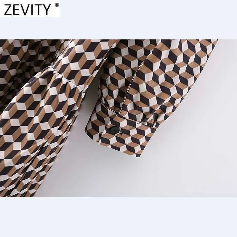 Zevity Women Vintage Stand Collar Geometric Print Pleats Mini Dress Chic Female Sweet Puff Sleeve Casual Slim Vestido DS4863 210603