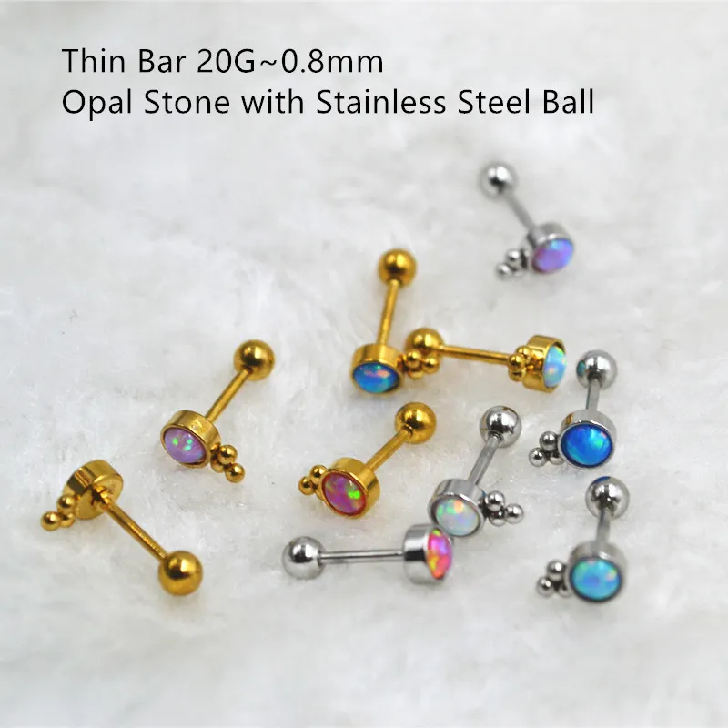 Thin Bar 20G Body jewelry- Ear Stud Earring Tragus/Helix Bar/Stud Diath Opal Stone with balls Mix Colors