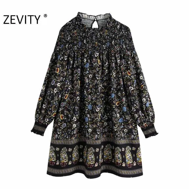 ZEVITY women vintage totem flower print court mini dress femme long sleeve kimono vestido chic casual elastic dresses DS4480 210603