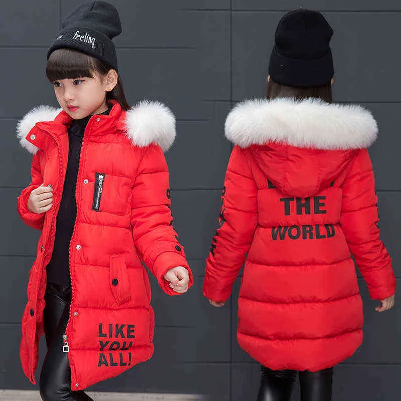 女の子の冬のダウンコットンパッドドジャケット厚い暖かい中長い手紙ファッションガールファーカラーフード付き211027
