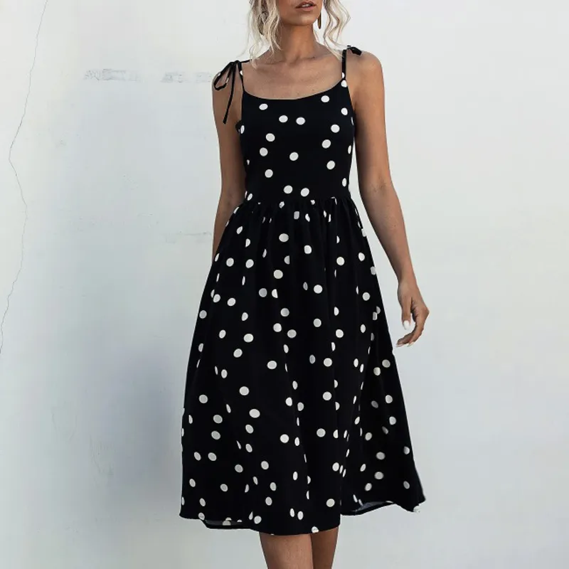 Sommar Elegant Strand Robe Midi Svart Klänning Kvinnor U-Neckremsor Polka Dot Backless Party Dress For Women Vestidos De Fiesta 210514