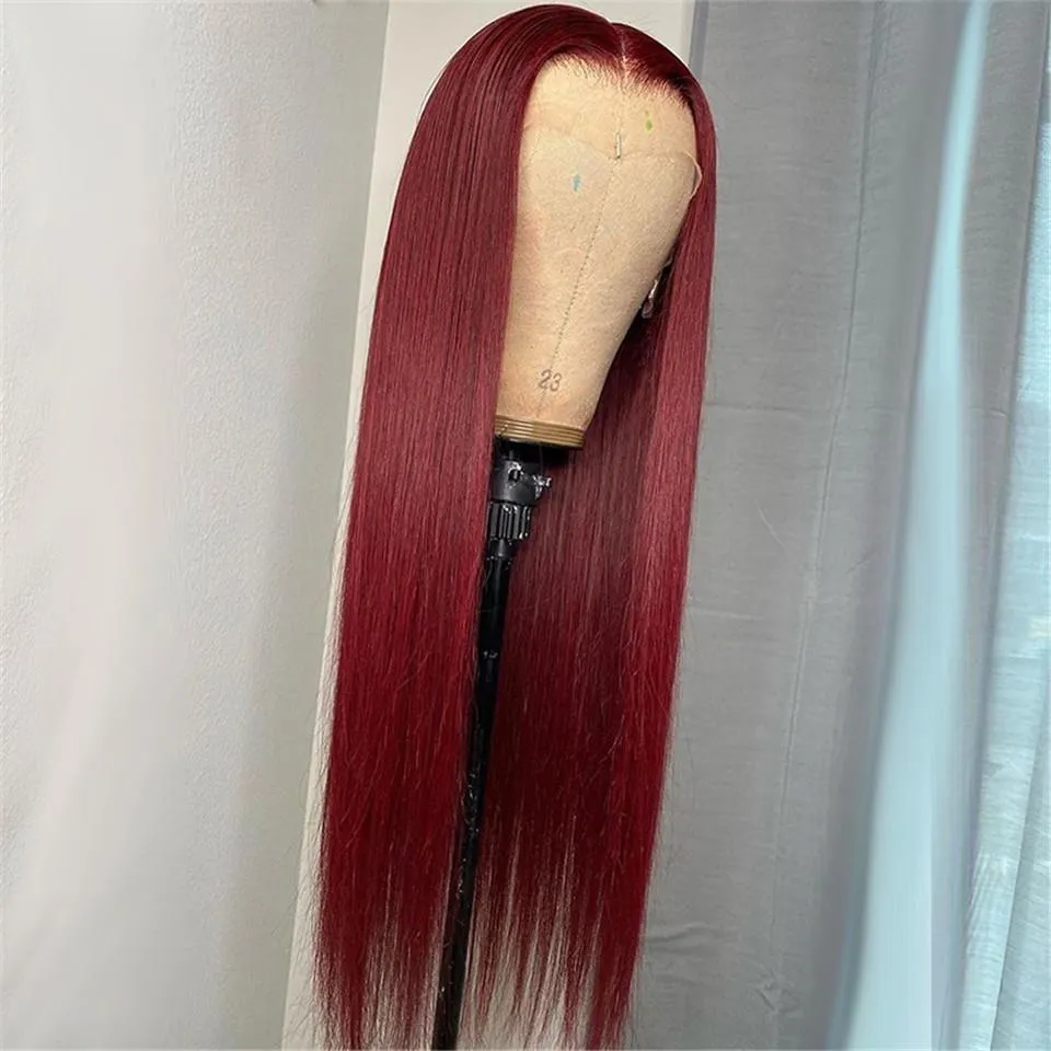 26inch burgundy الدانتيل الجبهة الباروكة ملونة أحمر الدانتيل الجبهة شعر مستعار البشرية للنساء العظم مستقيم الشفافة الشفافة wigs201y