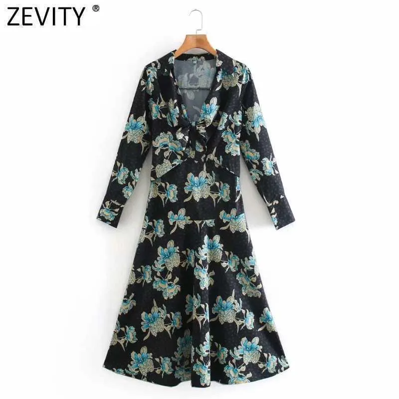 Zevity Donna Vintage Front Bowknot Flower Print Casual Slim Midi Dress Femme Manica lunga A Line Vestido Chic Abbigliamento DS4794 210603