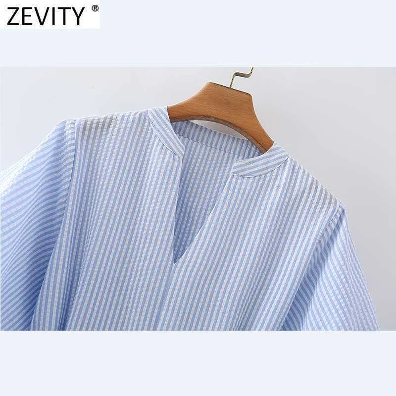 Zevity Women Vintage V Neck Striped Print Bow Tie Sashes Kneeth Dress Female Puff Sleeve Chic Business Party Vestido DS5057 210603