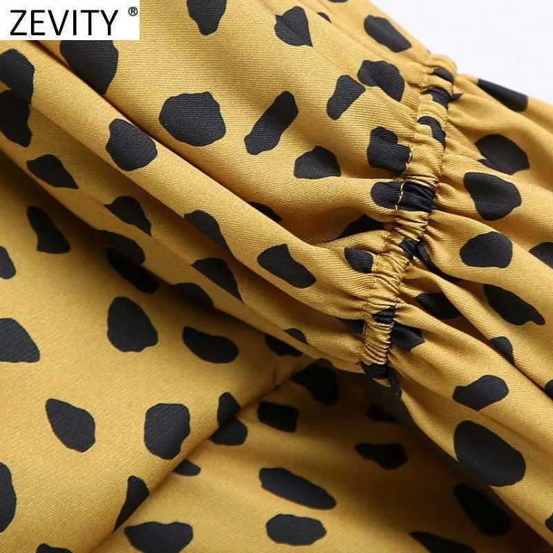 Zevity Women Sexy Deep Vネックヒョウプリント弓縛らスモックブラウス女性パフスリーブ着物のシャツシックブロストップスLS7652 210603