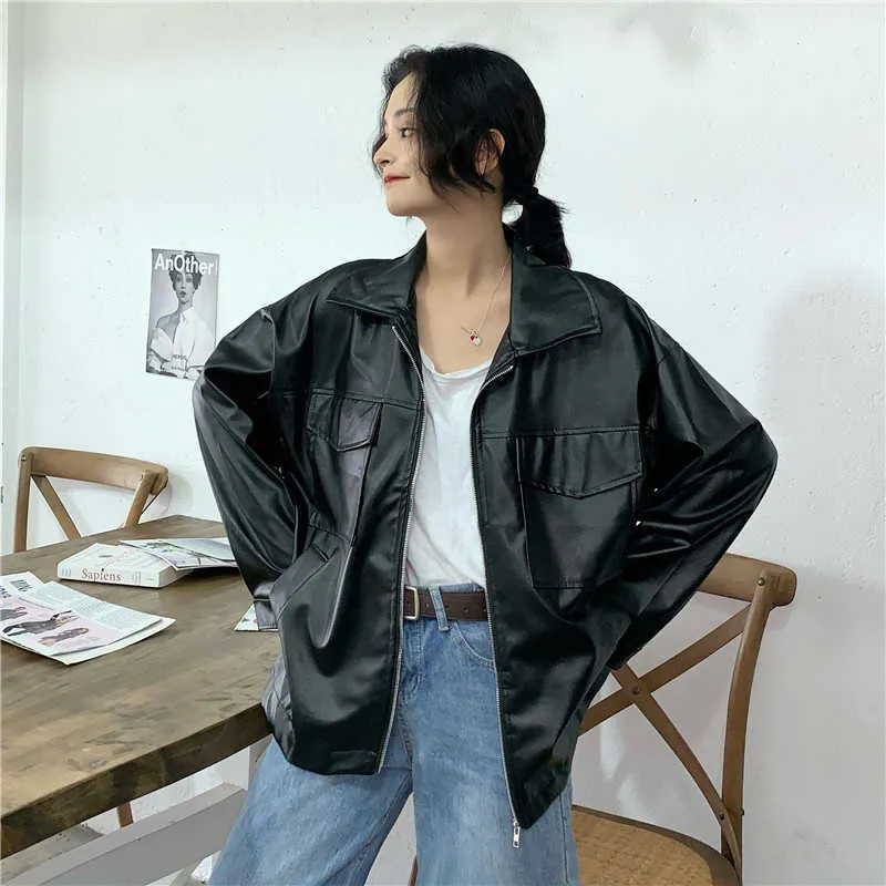 ビンテージブラックレザーモトジャケットアウターウェア韓国のシックなPUバイクジッパー女性ストリートウェア女性の春S 210604