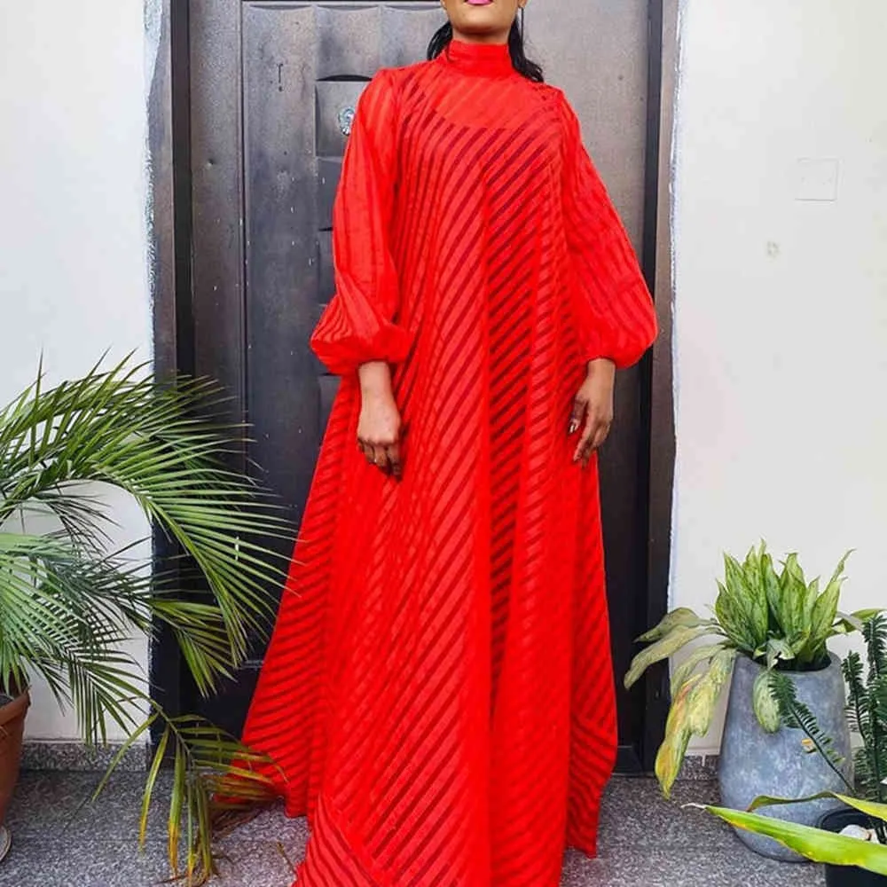 Frauen Sexy Sheer Langes Kleid Rot Gestreifter Stehkragen Übergroße Transparente Sommer Lässige A-Linie Robe Kleidung Maxi Vestidos 210416