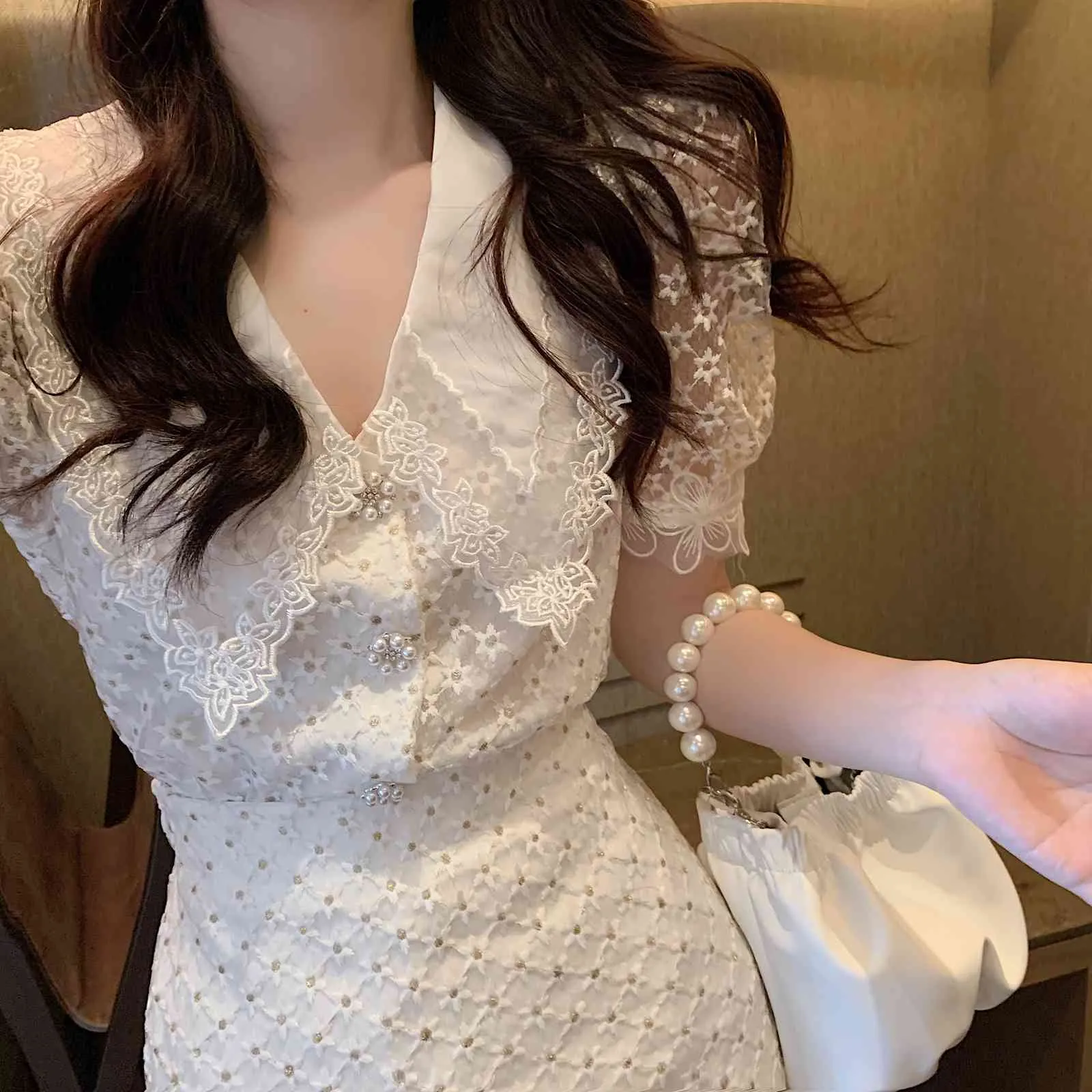 Summer Fashion Two Piece Set Women Sweet Lace Lapel Puff Sleeve Embroidery Shirt Top + High Waist A-Line Mini Skirt Suit 210519