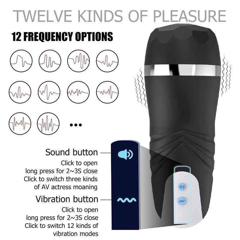 NXY Sex Masturbateurs Sécurité Silicone Masturbation Coupe Réel Vagin Convient Grand Pénis Masturbateur 12 Modes De Vibration Smart Voice Toys pour Hommes 220127