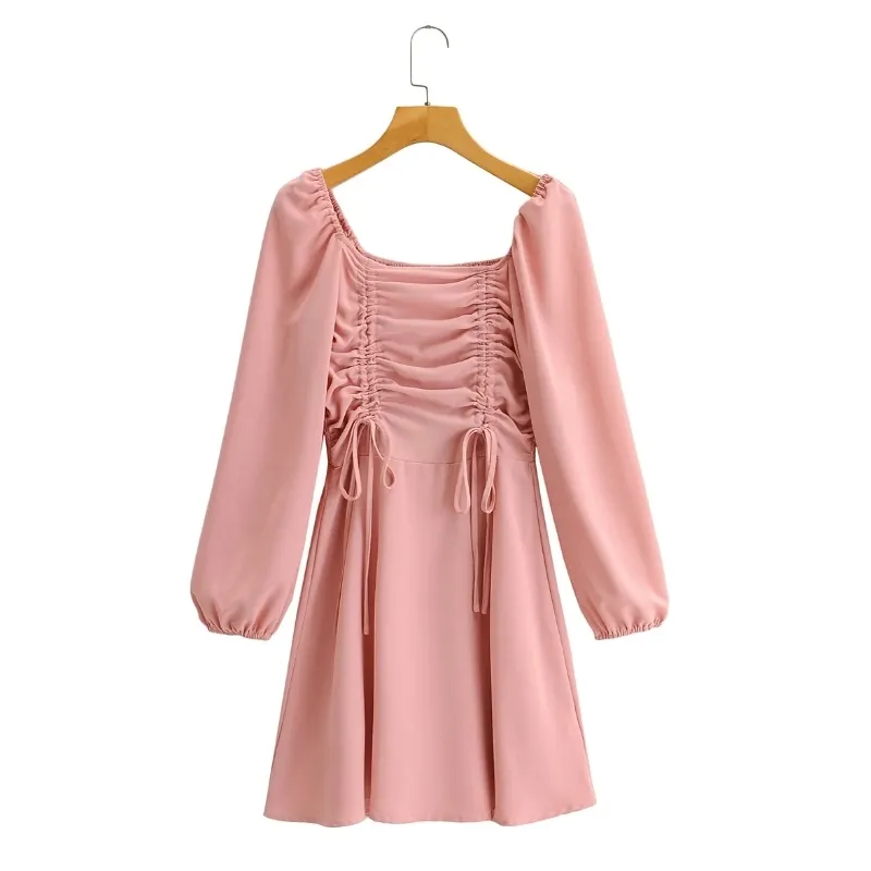 Mode Frauen Kordelzug Dekoration Rosa Mini Kleid Weibliche Laterne Hülse Kleidung Casual Dame Lose Vestido D7179 210430