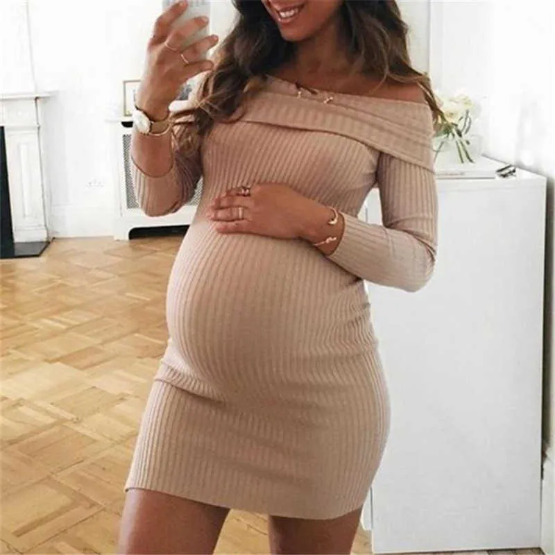 2021 printemps nouveau Style femmes grossesse décontracté slash cou Mini robe maternité à manches longues vêtements femmes robes Vestidos Q0713