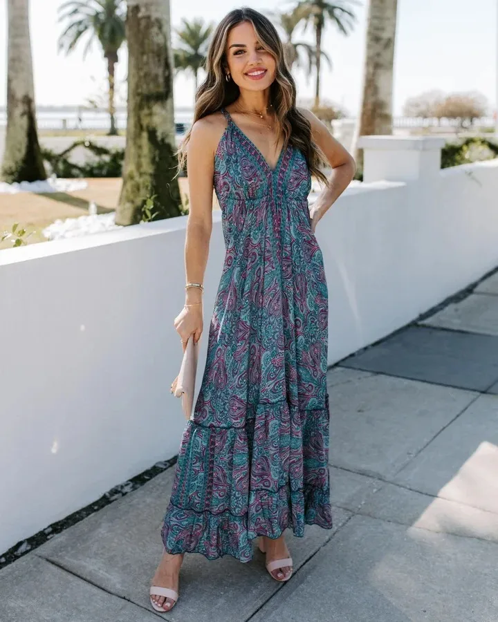 Women Dress V-neck Sleeveless Printing Beach Style es Plus Size Vintage Sexy Long Summer Fashion 210513