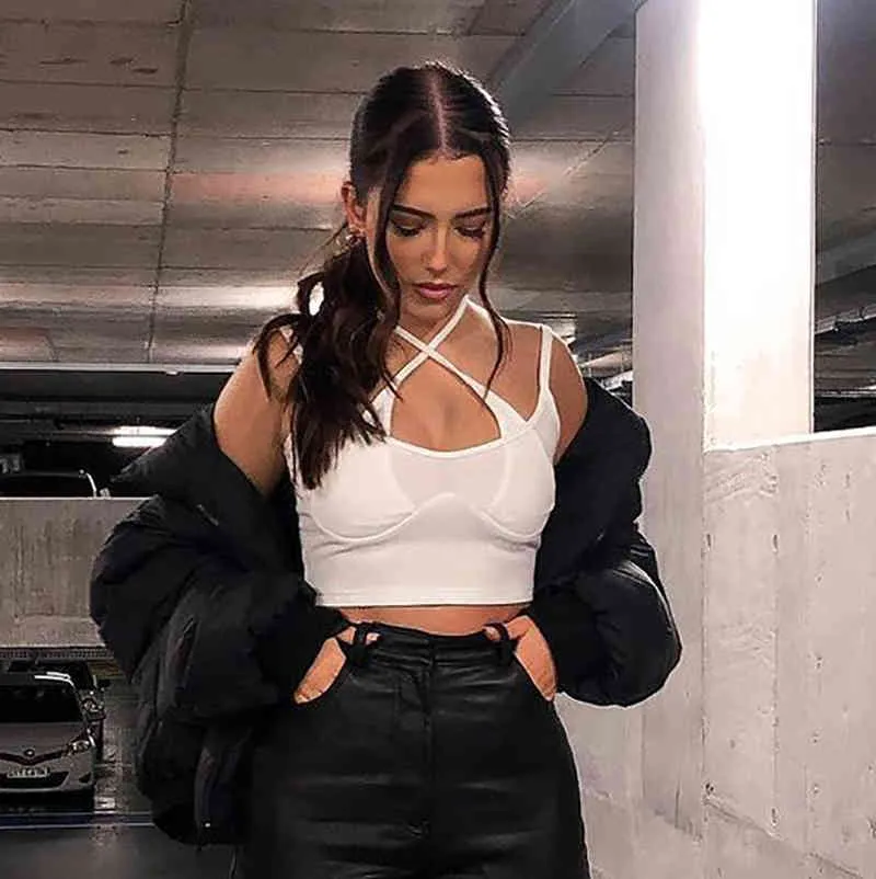Deep V Neck Backless Crop Top Women Casual Cut Out Tees Sexy Lace Up Strap Summer Trendy Club Streetwear Party 210517