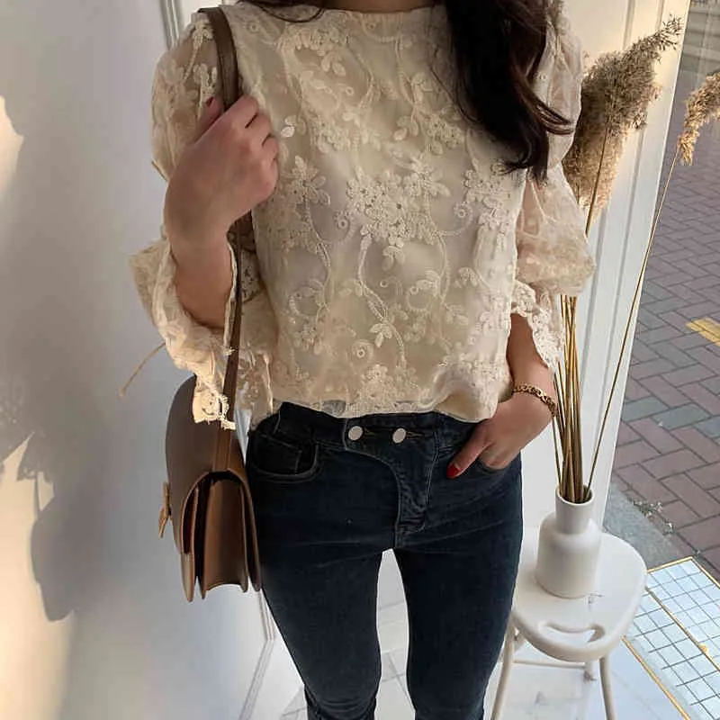 Apricot Women Blouse Back Lace-up Korean Chic O-neck Delicate Embroidered Lace Shirt Temperament Ladies Tops 12361 210417