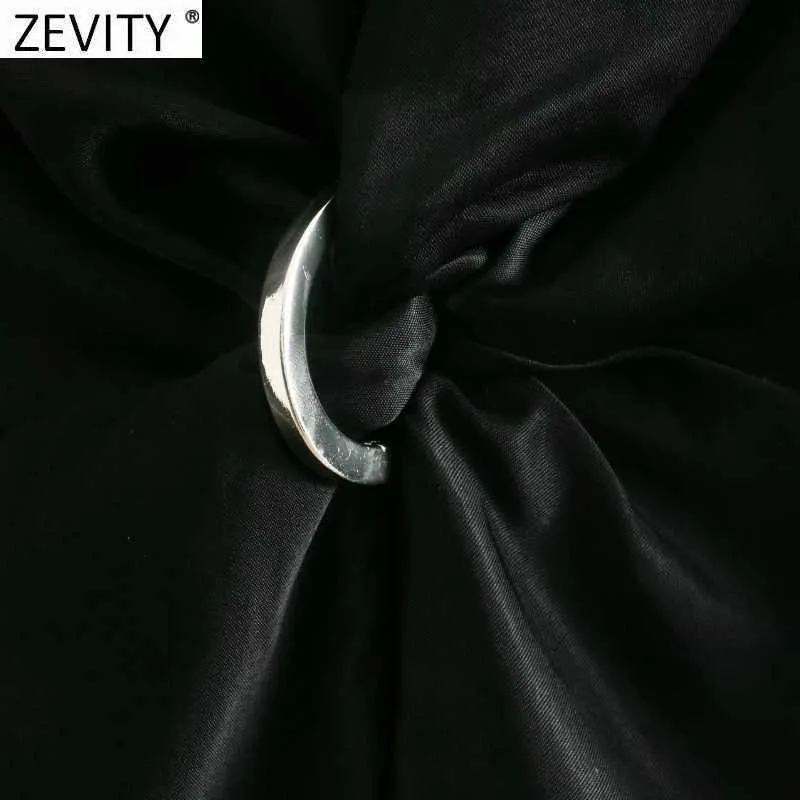 Zevity Frauen Mode Kreuz V-ausschnitt Ring Geknotet Kurze Kittel Bluse Weibliche Solide Kimono Satin Shirts Chic Blusas Tops LS7472 210603