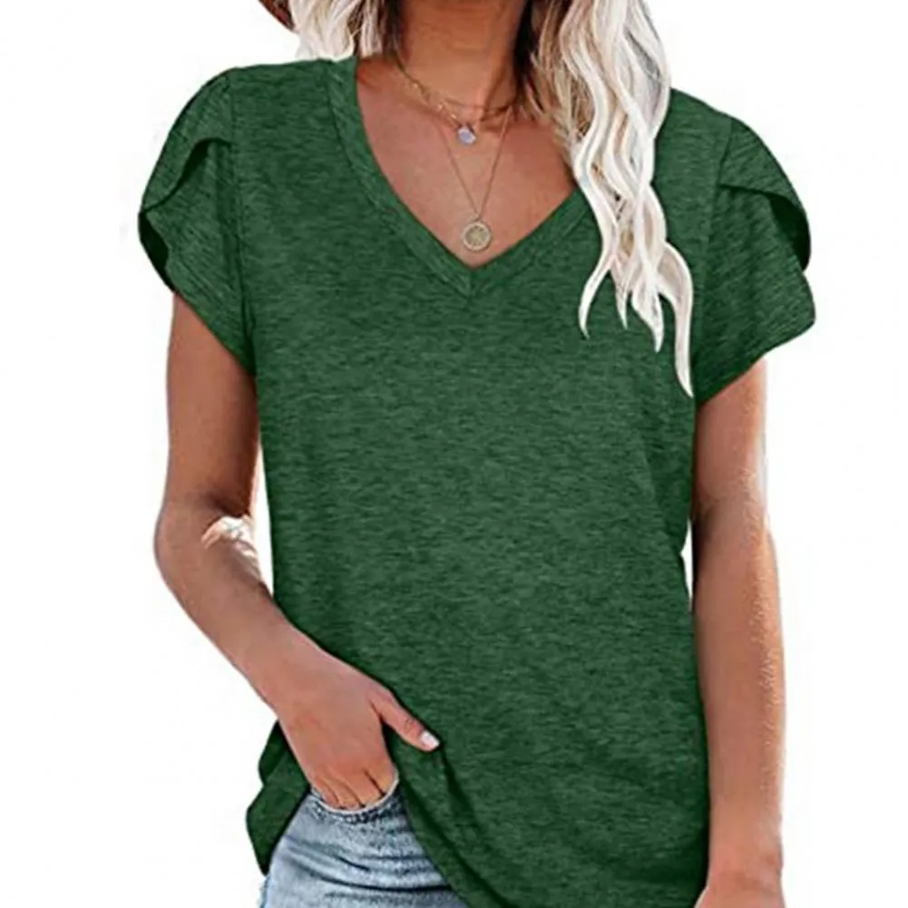 Designs été décontracté haut pour femme col en V manches pétales couleur unie quotidien bureau femmes fille tunique de base t-shirts pour fille noir xx