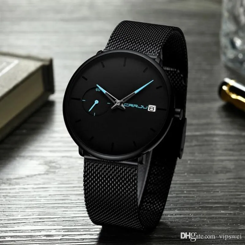 Hommes luxueux de haute qualité mode montre à quartz conception simple cadran ultra mince en acier inoxydable bracelet en maille milan montres date automatique W265D