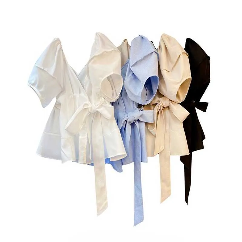 Sommer Süße Puff Sleeve Blusen für Frauen Elegante Vintage Baumwolle Leinen Shirts Mode Silm Taille Design Tops Weibliche 210525