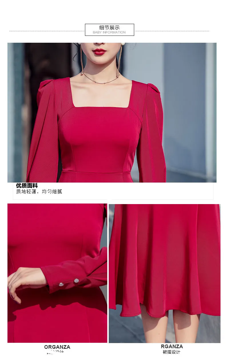 LLZACOOSH Spring Korea Chic Square Collar Long Sleeve Solid Slim Mermaid Office Sheath Midi Dresses Vestido 210514