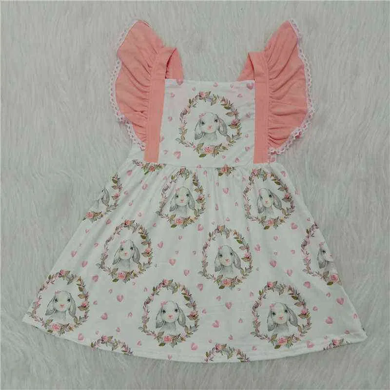 Robe de lapin de Pâques à manches volantées en dentelle rose pour petites filles fleurs de printemps et robe de princesse pour filles imprimées d'herbe G1215