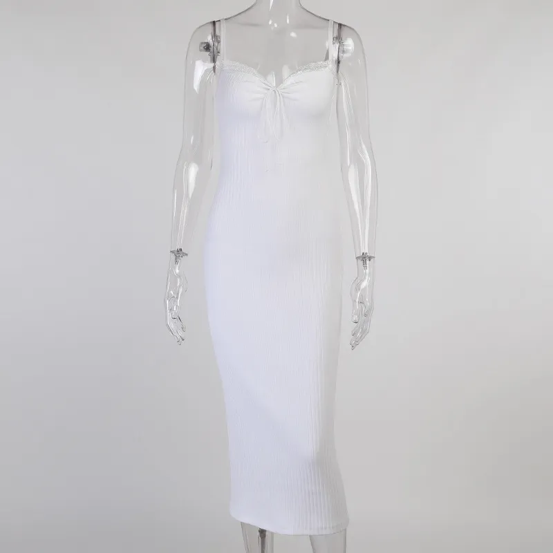 Geribbelde kant patchwork wit maxi jurk spaghetti riem elegante mouwloze bandage bodycon chic jurken zomerfeest outfits 210517
