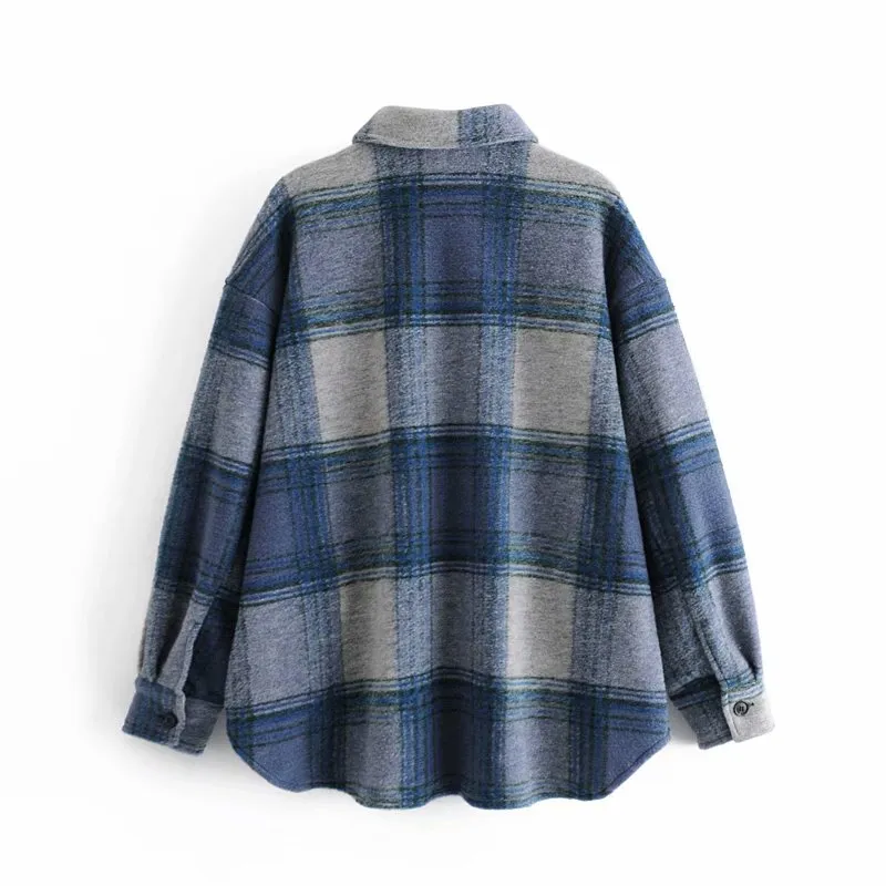 Vintage kobieta Oversized Blue Plaid Patchwork Woolen Coat Jesień Zima Moda Damska Miękkie Grube Koszule Kobiet Luźna Kurtka 210515