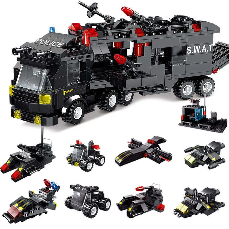 8in3 Swat City Police Station Bouwstenen PlayMobiled City Auto Truck Creatieve Bricks Speelgoed Voor Kinderen Jongens Geschenken X0902