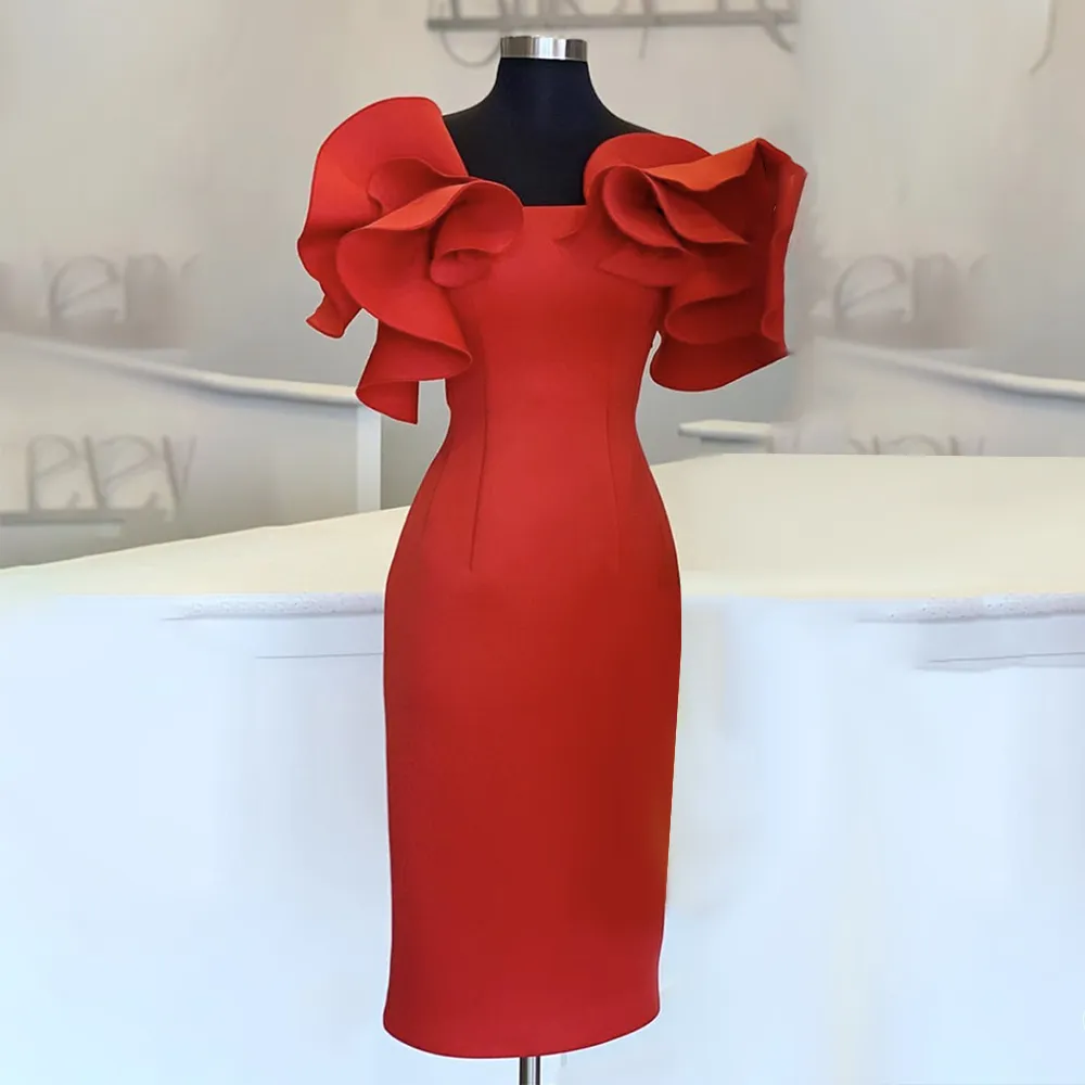 Plus Size Women Red Bodycon Dresses Ruffles Stylish Party Event Midi Dress Elegant Slim African Date Out Celebrate Occasion Robe 210416
