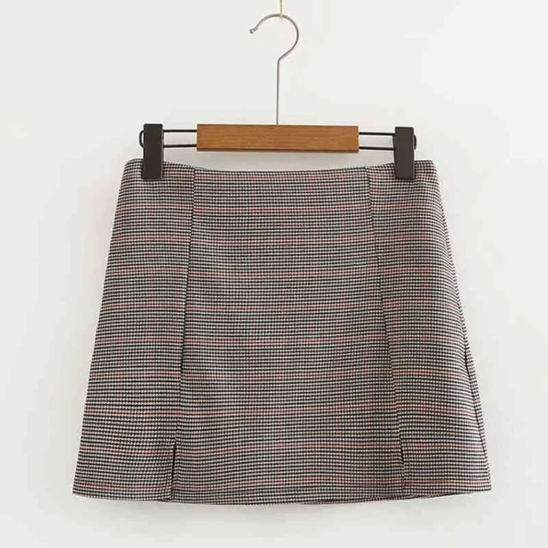 Mini jupe à carreaux pour femmes avec deux petites fentes avant coupées Cara Summer Beach Vintage Chic Retro Spring Short 210415