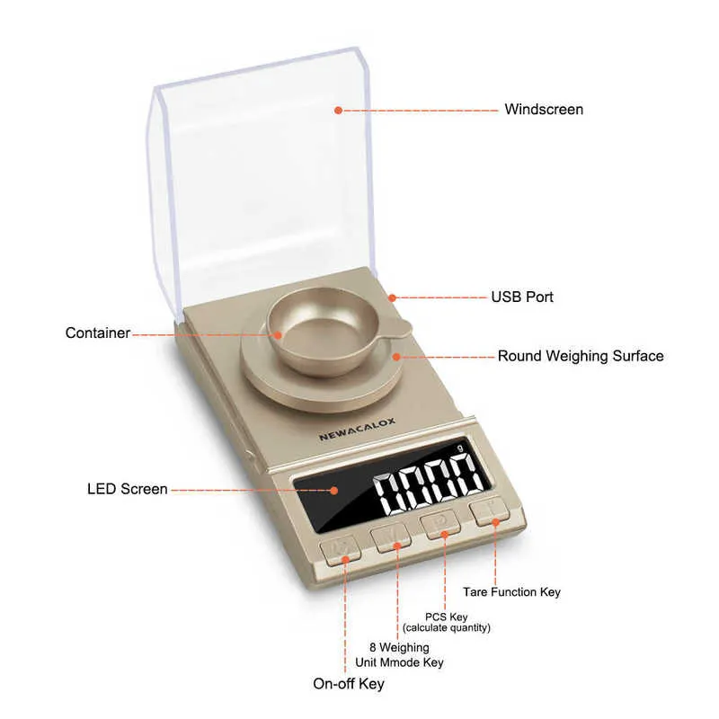 ACALOX 0,001G Precyzyjna Cyfrowa skala biżuterii 50g / 100 g / 200g USB Zasilana Elektroniczna waga Ważenie LCD Mini Laboratorium Saldo 0,001g 210927