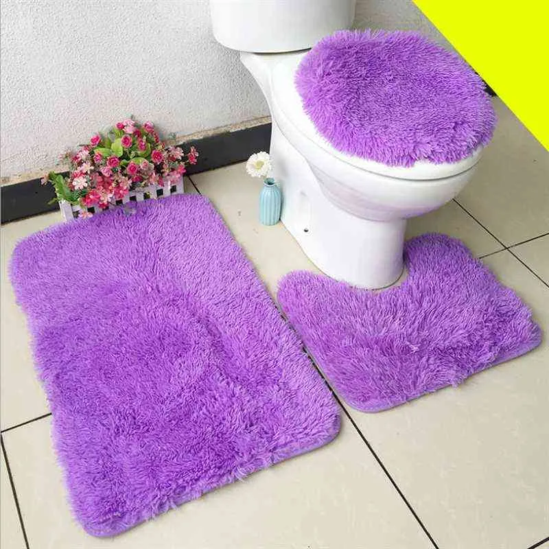 3 pezzi tappetini da bagno in peluche addensare morbido tinta unita bagno tappeti antiscivolo coprivaso copriwater decor tappeto assorbente acqua pastiglie a forma di U 211109