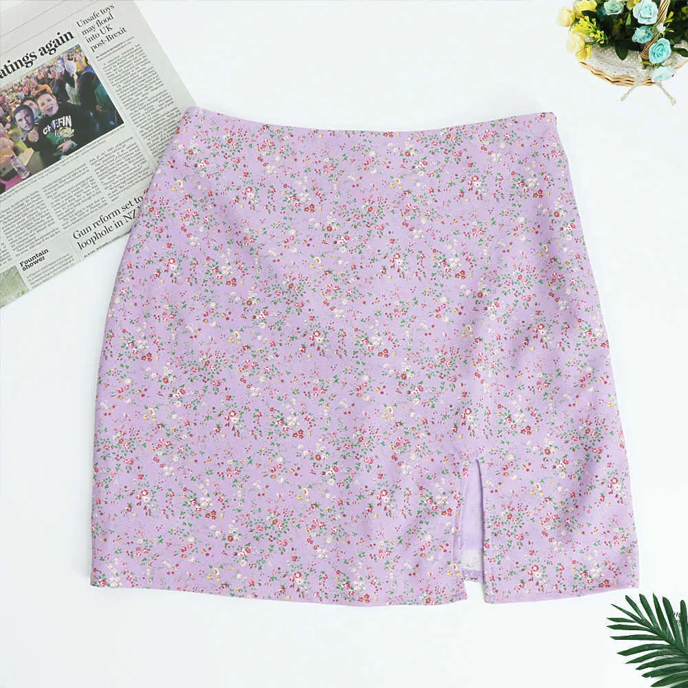 Streetwear Slim Sexy Purple Floral Print Dames A-lijn Mini Rok Hoge Taille Plaid Rokken Zij in Dames Split Short Skirt ZA 210724
