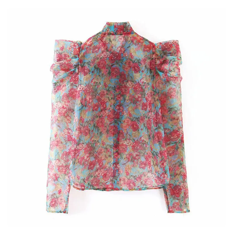 Style sexy floral organze blouse style transparent noeud papillon col à manches longues femme voir à travers chic tops blusas 210430