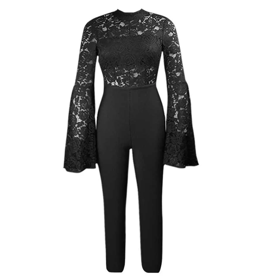 Sexy Black Lace Mesh Bodysuit Long Sleeve Round Neck Perspective Ladies Bandage Jumpsuit Body Fashion 210527