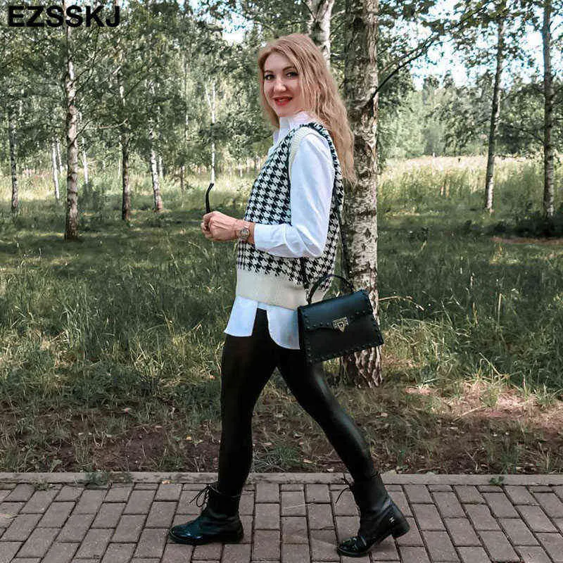 Wit Zwart Dikke Houndstooth Sweater Vesten Jas Dames Dames Dikke Trui Jas V-hals Vest Cardigan Jas Jas Uitloper 211103