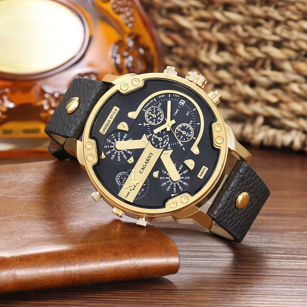 Luxo cagarny relógio de quartzo masculino pulseira de couro preto caso dourado dupla vezes militar dz relogio masculino casual masculino relógios homem x208y