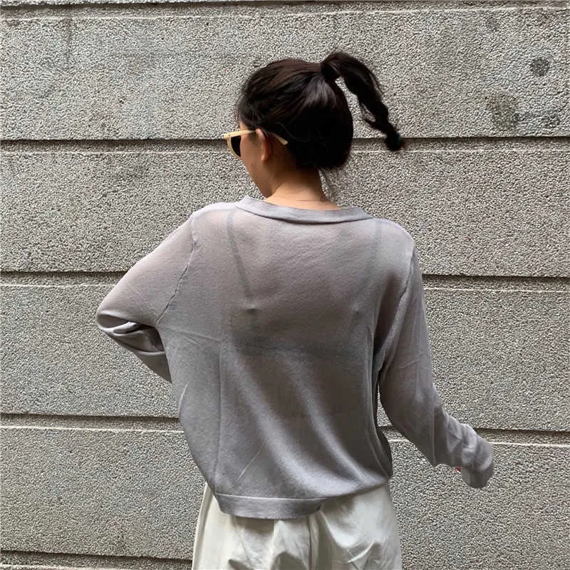 カーディガン女性韓国の長袖夏のクロップドニットvネック薄いアイスシルクセーターSunScreenシャツトップス211018