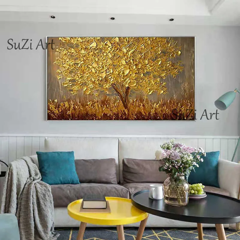 100％手作りの大きな金のお金の木の絵の現代風景油絵自宅のオフィスの装飾のための壁の絵画絵画210927